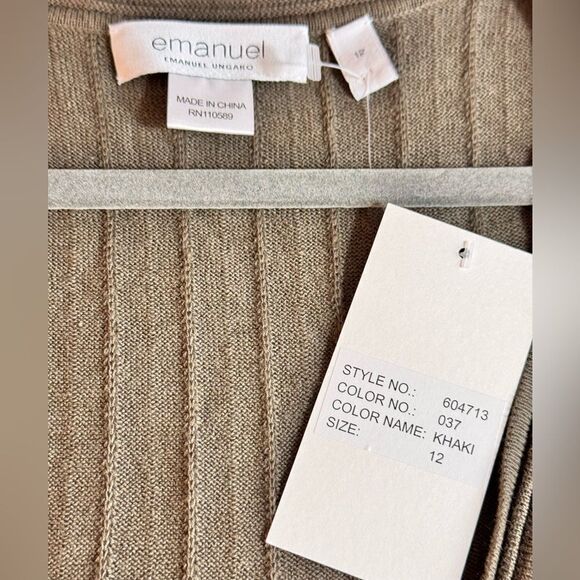 Emanuel ungaro Sweater Womens Sz 12 knit V Neck Cotton linen Top khaki Green New - Picture 14 of 15